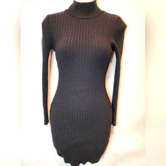 Generic Dresses & Skirts - Black Sexy Bodycon Fitted Dress Black Knit Long Sleeve Turtleneck Mini Dress M